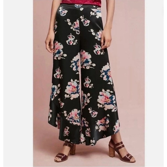 Anthropologie Elevenses Floral Tansy Ruffle Pants Size 6 Black Satin Wide Leg - Picture 1 of 10